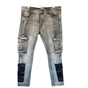 Denim City Mens Cargo Jeans 42x32 Graywash Distressed Paint Splatter Y2K Lace Up